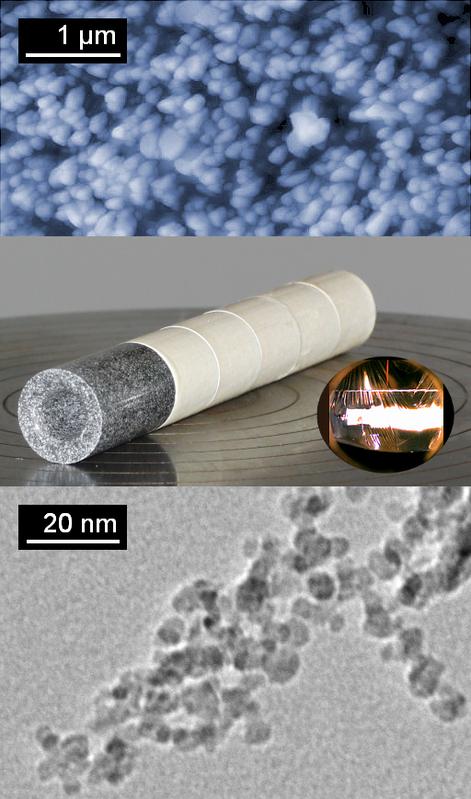 1:Explosivstoff in Nanostrukur, 2:Sprengladung mit Detonation, 3:N anodiamanten