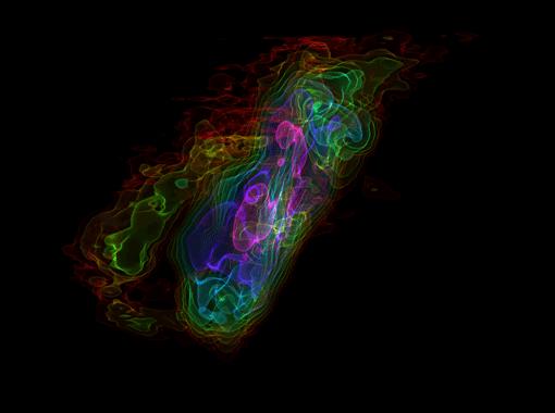 False-color visualization of the data collected by ALMA of the starburst galaxy NGC 253. The color encodes information about the intensity of light received from the gas, from fainter light shown blue to brighter radiation in red. This and similar visualizations helped the astronomers to identify the molecular outflow emerging from the central starburst in this galaxy. This image is the cover image of the July 25, 2013 issue of the journal Nature.