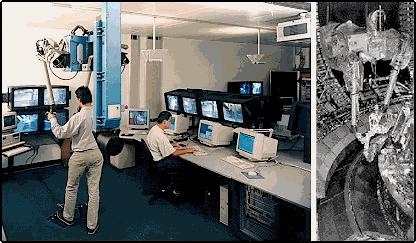 Vom Kontrollraum aus (Bild links) steuert der Operateur die Bewegungen des zweiarmigen Roboters im Plasmagefäß (Bild rechts) und kontrolliert den Effekt über Monitore.(Fotos: JET)