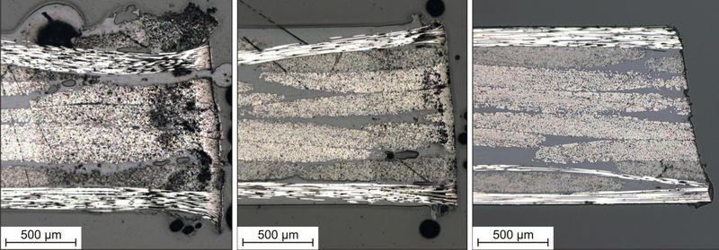 Lichtmikroskopisch analysierte Querschliffe lasergetrennter CFK-Werkstoffe mit PPS-Matrix. cw-Konturschneiden (links), cw-Quasisimultanschneiden (Mitte), Quasisimultanschneiden mittels im Nanosekundenbereich gepulster Laserstrahlung (rechts). © TLS / LZH