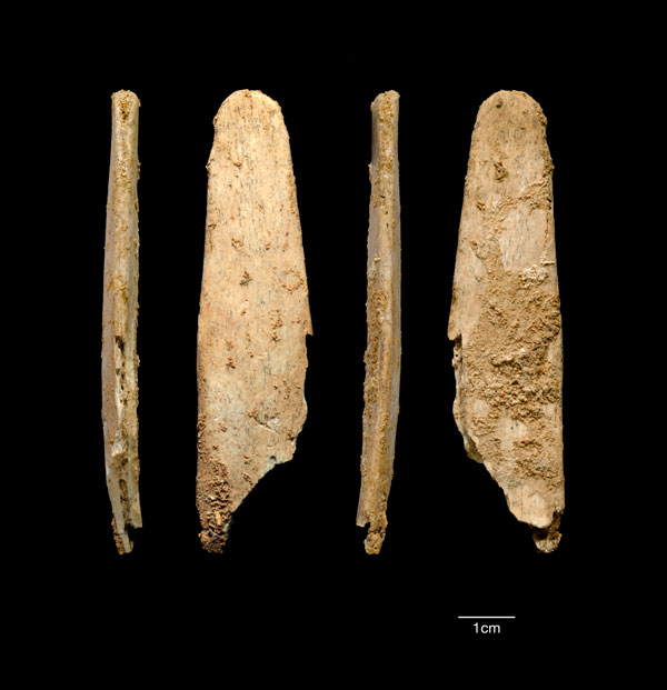 Vier Ansichten des am vollständigsten erhaltenen Lissoirs, der bei Ausgrabungsarbeiten in der Neandertalerfundstätte Abri Peyroni entdeckt wurde.