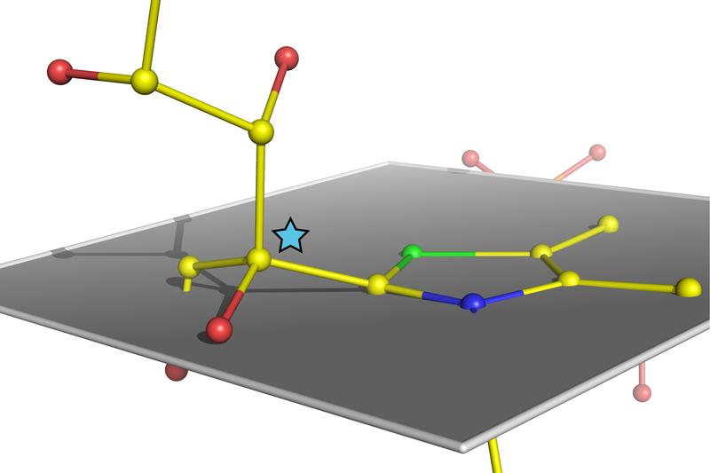 Atomare Struktur eines verbogenen, kurz vor der Spaltung stehenden Zuckermoleküls im humanen Enzym Transketolase. Der Stern markiert ein Kohlenstoffatom des Zuckers, das aus der eigentlich zu erwartenden Position innerhalb der grau definierten Ebene mehr als 20 Grad herausgehoben ist.