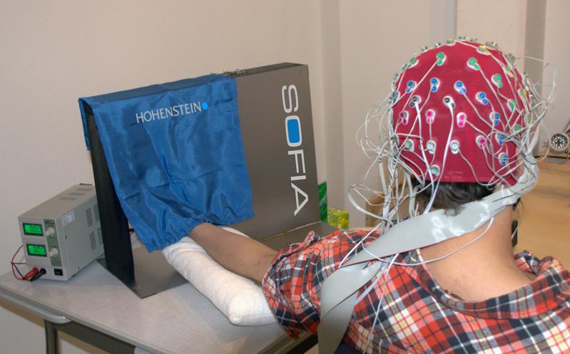 Abbildung 1: Neurophysiologische Probandenstudie mittels Textilapplikator SOFIA und einem EEG. SOFIA erlaubt erstmals, Textilien mit einstellbarem Druck und adaptierbarer Geschwindigkeit, standartisiert an unterschiedlichen Stellen des menschlichen Körpers zu bewegen. Das EEG nimmt unmittelbar die Hirnreaktion auf den Textilreiz auf.