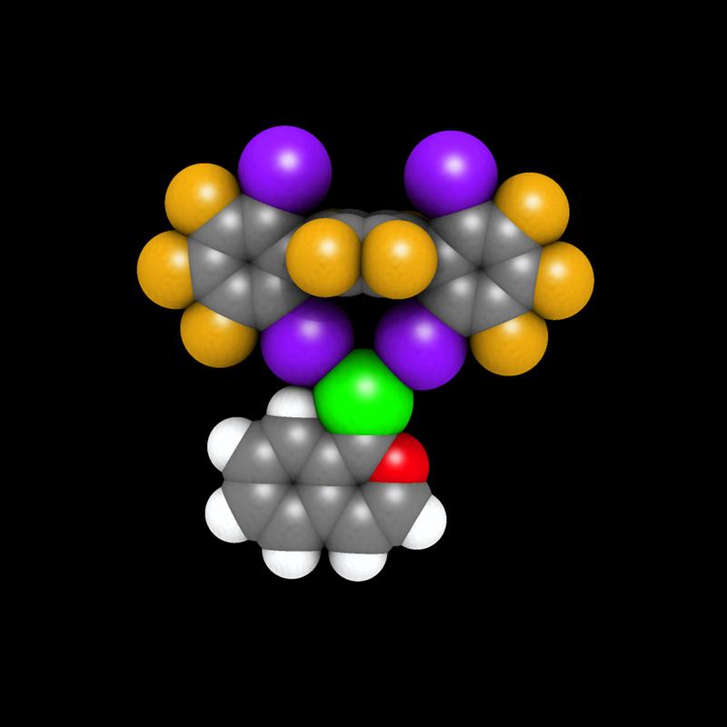 Halogenbrücken zweier Iod-Atome (blau) lockern die Bindung zwischen Chlor- (grün) und Kohlenstoffatom (grau). Das Chloratom kann so leichter gegen eine andere Gruppe ausgetauscht werden.