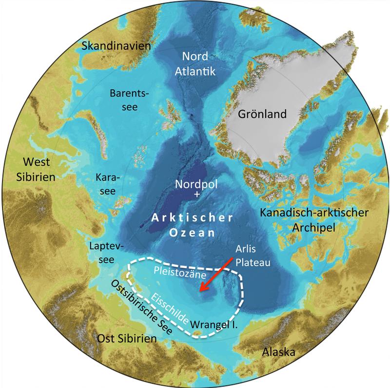 Karte der Arktis. Markiert ist jene Region Ostsibiriens, in der Spuren auf die Existenz urzeitlicher Mega-Eisschilde hinweisen. 