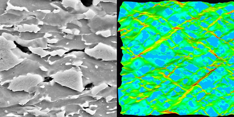 Mithilfe der Kristallplastizität-Simulation bewerten die Experten am Fraunhofer IWM lokale Schäden, wie sie beispielsweise beim Tiefziehen eines Bleches auftreten können; Experiment mit einem Dualphasenstahl (links) und entsprechende Simulation (rechts). 