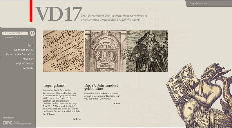 Startseite des VD17-Portals unter: www.vd17.de