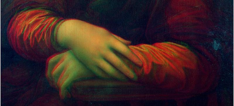 Mona Lisa: hand region in 3D (red-cyan anaglyph) 