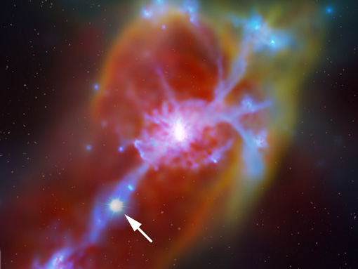 Image of a galaxy (center) with incoming cold gas flow, produced by rendering the gas distribution in a supercomputer simulation of a forming galaxy. A stream of primordial inflowing gas is illuminated from behind by a distant background quasar (lower left; quasar added by an artist, along with the starry background). Using data collected from the largest optical telescopes in the world, researchers led by Neil Crighton (MPIA and Swinburne University of Technology) have now made the first unambiguous detection of this accretion of pristine gas onto a star-forming galaxy, that was previously theorized to exist based on cosmological simulations of galaxy formation. This simulation shown here was run by the Making Galaxies in a Cosmological Context (MaGICC) project in the theory group at MPIA.