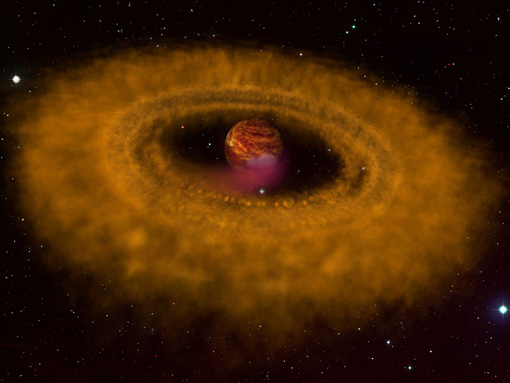 Künstlerische Darstellung des Einzelobjekts OTS44. Sorgfältige Untersuchungen einer Astronomengruppe unter der Leitung von Viki Joergensen (MPIA) zeigen, dass sich dieses Objekt in der gleichen Weise gebildet hat wie ein Stern. Auch jetzt noch fallen beachtliche Mengen an Materie aus der das Objekt umgebenden Scheibe auf OTS44.