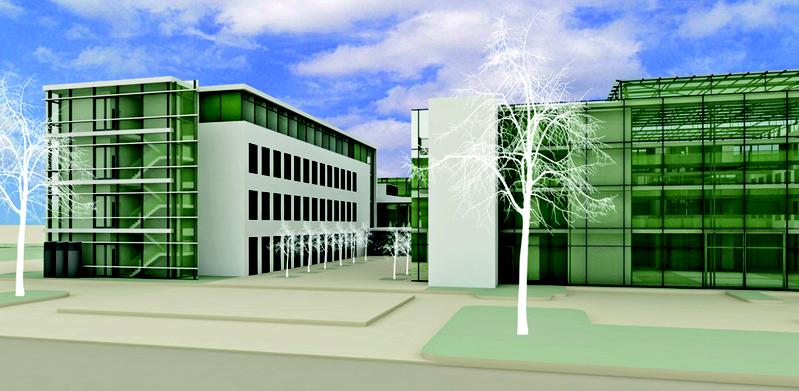 So soll der Neubau für Fraunhofer IPM am Fraunhofer-Platz 1 einmal aussehen (links). Mit einer Nutzfläche von 1500 Quadratmetern wird er 50 Mitarbeiterinnen und Mitarbeitern hervorragende Forschungsbedingungen bieten – vor allem für die Terahertz-Messtechnik und die Terahertz-Opto-Elektronik.