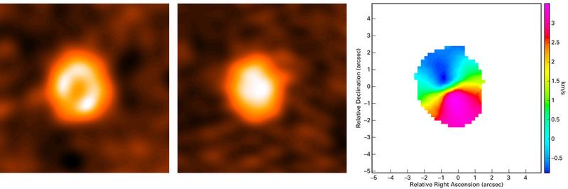 ALMA-Bilder der Scheibe um HD 21997. Das linke Bild zeigt die Strahlung, die von kalten Staubkörnern ausgesandt wird, die einen Ring rund um den Stern bilden. Das mittlere Bild zeigt die Strahlung, die von Kohlenstoffmonoxid ausgesandt wird. Offenbar ist das Gas auch deutlich dichter am Stern zu finden als der Staub. Das rechte Bild zeigt die Geschwindigkeitsverteilung des Gases. Die rötlichen Anteile zeigen Scheibenregionen, die sich von uns entfernten; die bläulich eingefärbten kommen auf uns zu. Die Verteilung zeigt an, dass das Gas um den Stern in seiner Mitte kreist.