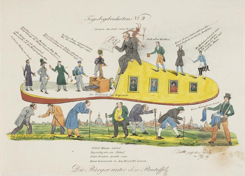 Der Bürger unter dem Pantoffel, Karikatur von 1836 (Historisches Museum Frankfurt). 