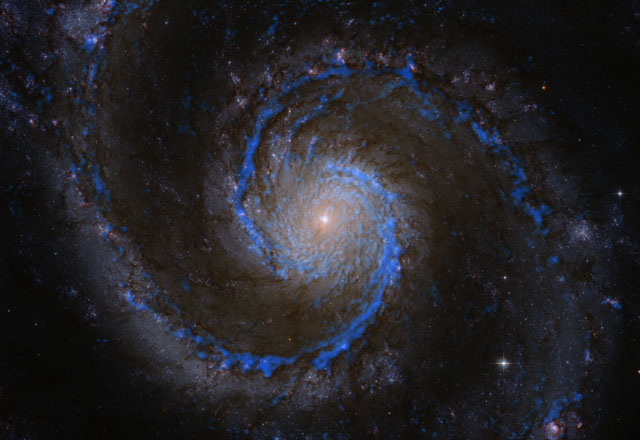 Molekülwolken in der Whirlpool-Galaxie. In blau Wasserstoffmoleküle in M51 (Rohmaterial für die Sternentstehung). Das PAWS-Teams hat daraus einen Katalog von mehr als 1500 Molekülwolken erstellt.