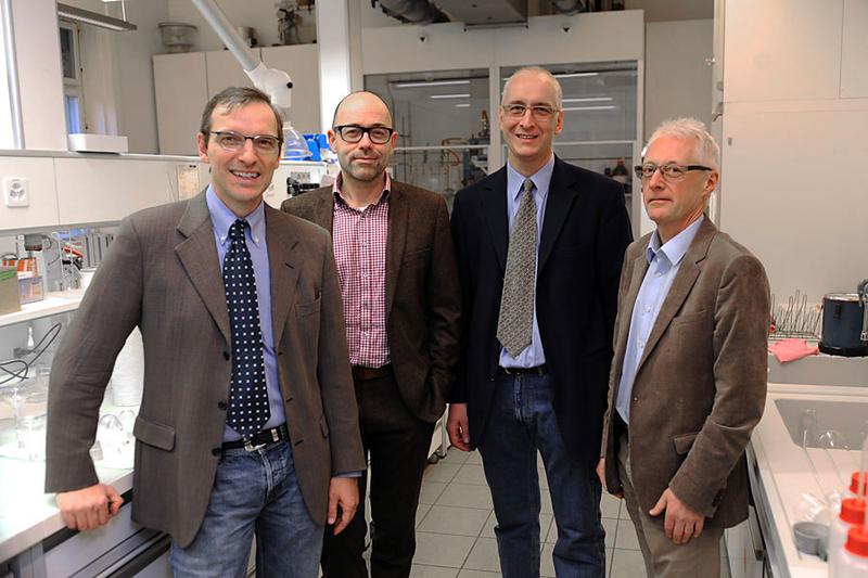 A moment of joy: Prof. Thomas Ward (Head of the Department of Chemistry), Prof. Wolfgang Meier (NCCR Director), Prof. Daniel Müller (NCCR Co-Director), Prof. Ed Constable (Vice Rector for Research)