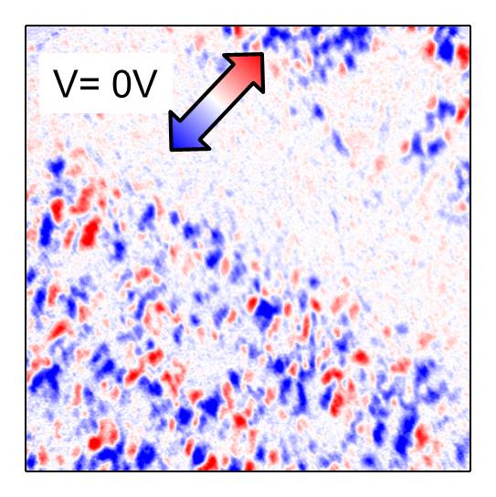  XMCD-PEEM Bilder zeigen, wie eine elektrische Spannung die magnetische Ordnung verändert. Ohne äußeres, elektrisches Feld (0 V) dominiert die ferromagnetische Ordnung (blaue und rote Punkte).