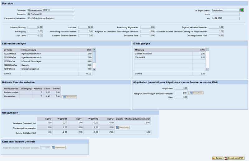 Screenshot Digitaler Campus: Erfassung des geleisteten Lehrdeputats
