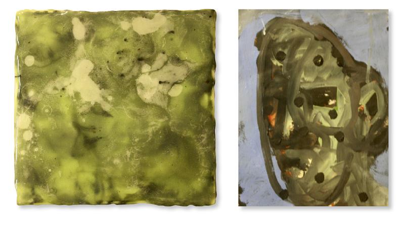 links: Hintergrundlandschaft aus Wachs und Pigmenten (2013); rechts: Portrait aus Acryl auf Papier (1994)