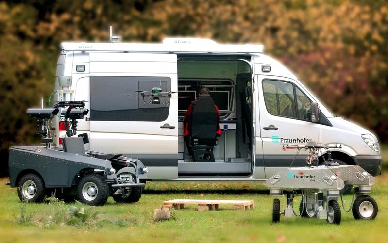 The mobile ground surveillance and control station in a van and various ground robots (UGV) and airborne robots (UAV) 