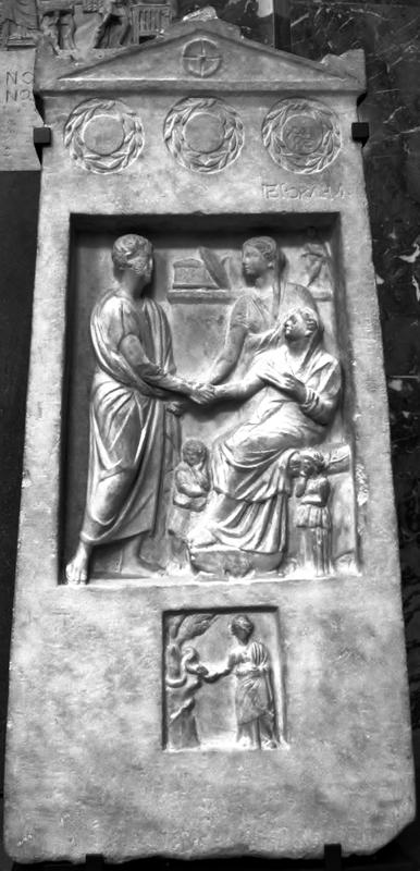 Tombstone placed over the grave of a woman. She is pictured together with two relatives. From Smyrna.