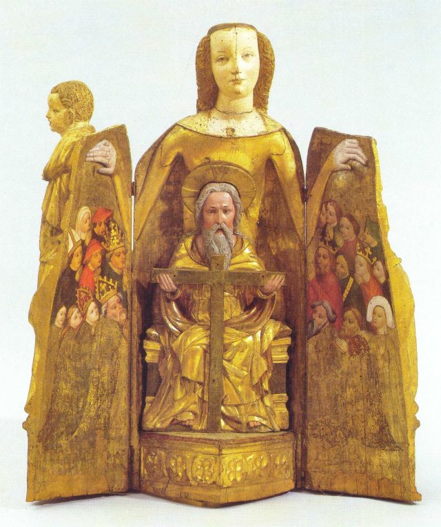 Skulptur einer im Germanischen Nationalmuseum Nürnberg aufbewahrten so genannten "Schreinmadonna" (Ende des 14. Jahrhunderts). 