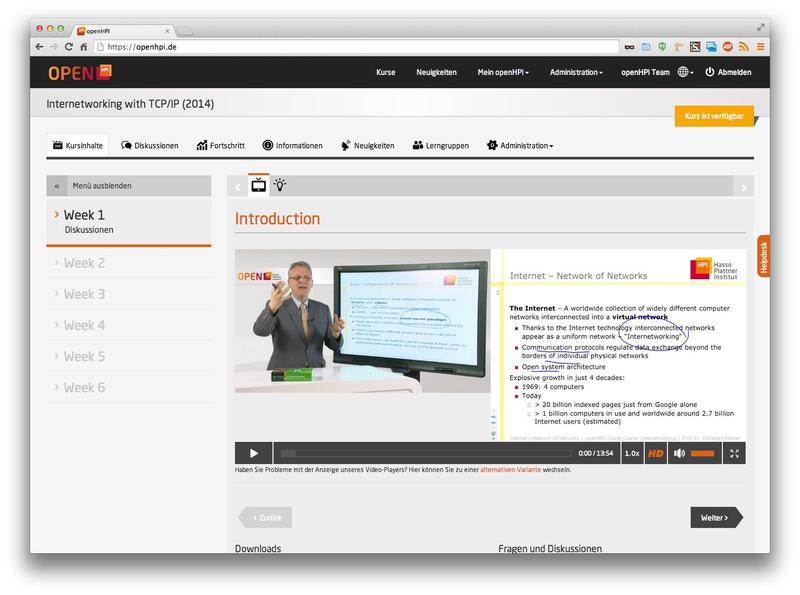 Screenshot of the revised openHPI platform with the new course on Internetworking