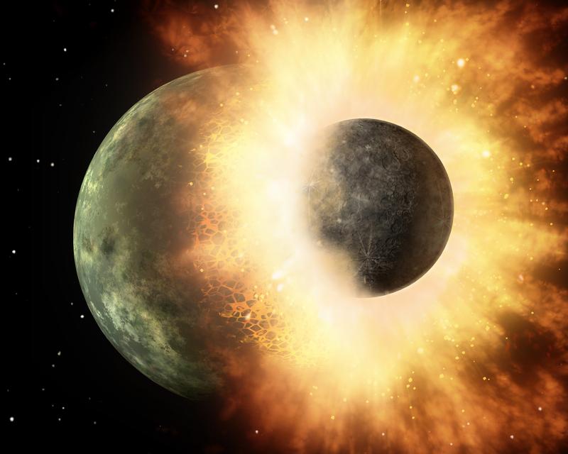 Künstlerische Darstellung des Aufpralls eines planetaren Körpers von der Größe des Mars auf der Erde. Die Kollision hat zur Entstehung des Mondes in der frühen Geschichte des Sonnensystems geführt. 