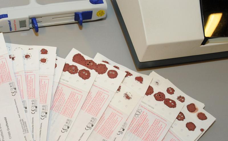 Den Kindern wird nach einem kleinen Stich aus der Ferse Blut entnommen und direkt auf die Trockenblutkarten gegeben. 