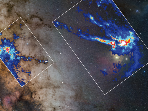 Zwei der von Kainulainen und Kollegen untersuchten Molekülwolken: Der Pfeifennebel (links) und die Rho-Ophiuchi-Dunkelwolke (rechts) vor dem Hintergrund der Milchstraße. 