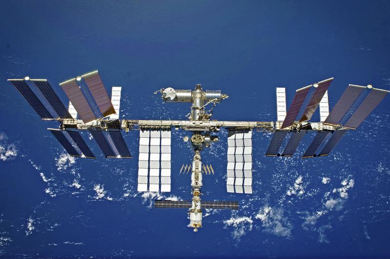 The International Space Station ISS orbits the Earth at a height of 400 kilometres and a speed of 28,000 km/hr.