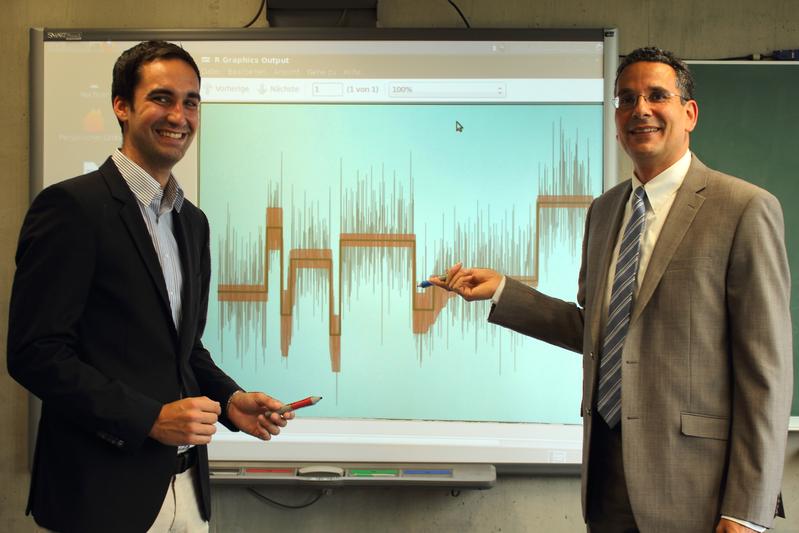 Von links: Dr. Hannes Sieling und Prof. Dr. Axel Munk analysieren gemeinsam Strukturbrüche in einer Zeitreihe