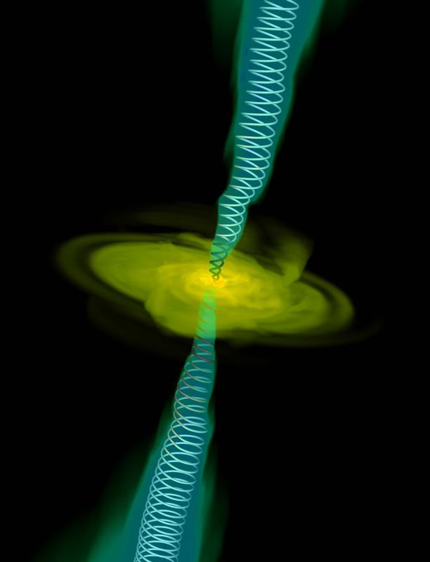 Computersimulation von Gas, das in Richtung eines zentralen Schwarzen Lochs einströmt. Nach oben und unten ist jeweils ein durch Magnetfelder stark gebündelter Jet mit Magnetfeldlinien zu sehen. 