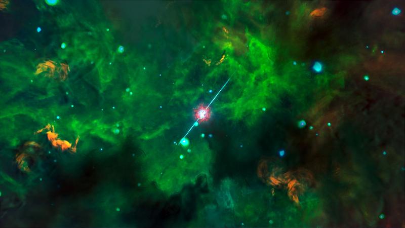 Künstlerische Darstellung der Umgebung von GRB 020819B basierend auf den Beobachtungen mit ALMA.