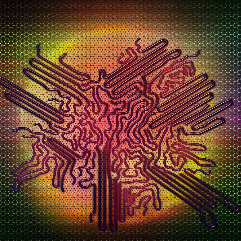 Graphische Darstellung der Polymerstränge auf einer wabenförmigen Graphenstruktur. 