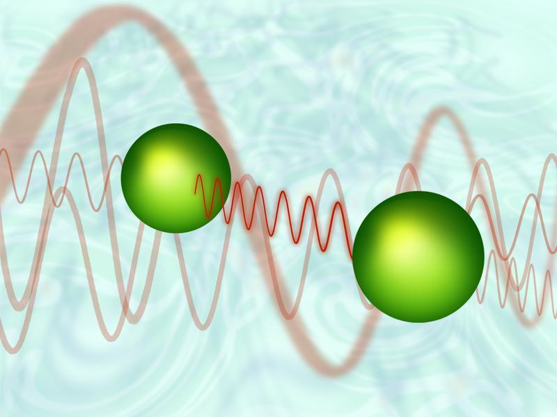 Zwei Atome tauschen ein virtuelles Photon aus - der leere Raum um sie herum ist gar nicht so leer, wie man meinen könnte.