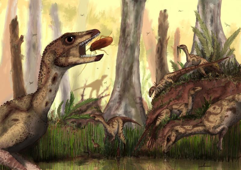Eine Aquarell-Rekonstruktion einer Herde des kleinen Vogelbecken-Dinosauriers Laquintasaura venezuelae.