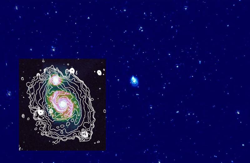 LOFAR radio map of the whirlpool galaxy M51 and its neighbourhood at a frequency of 150 MHz. The field covers 4 by 2.6 degrees. Inlet: Overlay onto optical image of M51.