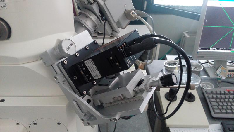 Bild des neuen WDS-Instruments, das mit Standard-Gehäuse und Standard-Flansch an ein Rasterelektronenmikroskop (Zeiss-EVO 40) angeschlossen ist.
