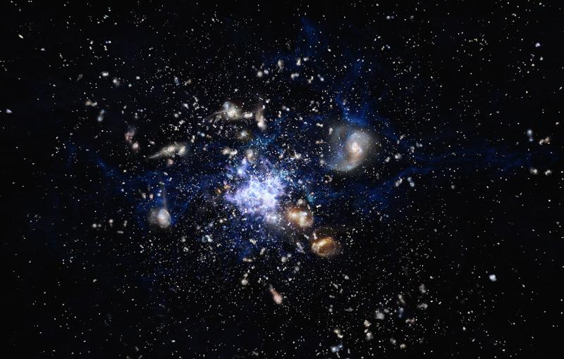 Künstlerische Darstellung eines Galaxienhaufens im frühen Universum in seiner Entstehungsphase - zu sehen auch als Video unter "Download" in der rechten Spalte.