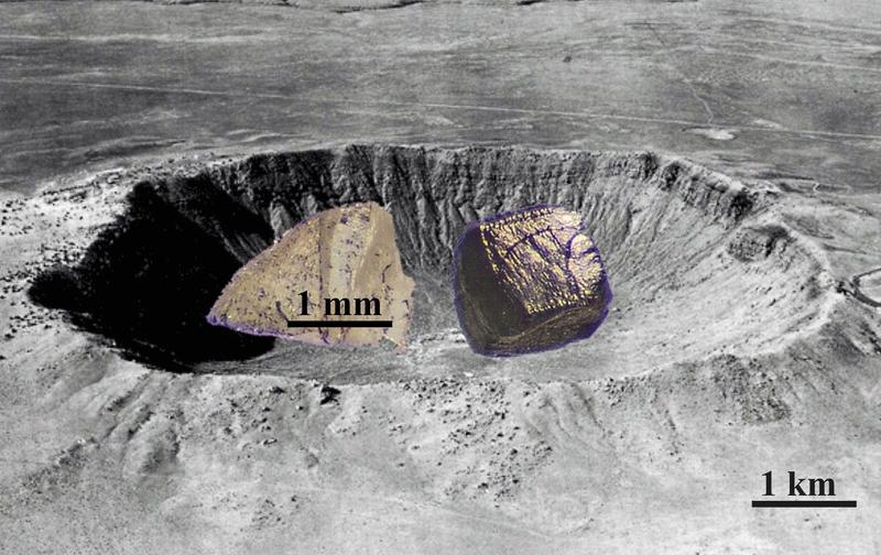 Li.: Ein im Bayerischen Geoinstitut synthetisierter Diamant; re.: ein ungefähr gleich großer Diamant, der aus dem Meteoriten Canyon Diablo extrahiert wurde. Im Hintergrund der Barringer-Krater.