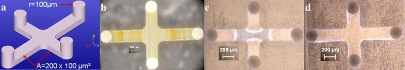 Modellierung eines mikrofluidischen Kreuzes in den einzelnen Prozessschritten. (a) Computer Modell, (b) Aufnahme nach der Temperung, (c) und (d) geätzte Strukturen nach 25 bzw. 45 Minuten.