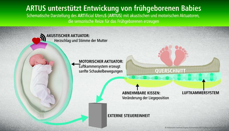 ARTUS unterstützt die Entwicklung von frühgeborenen Babys. Durch akustische und motorische Aktuatoren werden sensorische Reize für das Frühgeborene erzeugt.