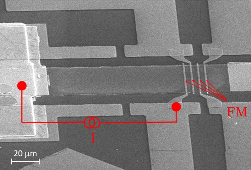 Die ferromagnetischen (FM) Injektor- und Detektorkontakte sind mit Pfeilen markiert. Durch einen der ferromagnetischen Kontakte fließt ein Strom I und injiziert in das Elektronengas einen Spinstrom.