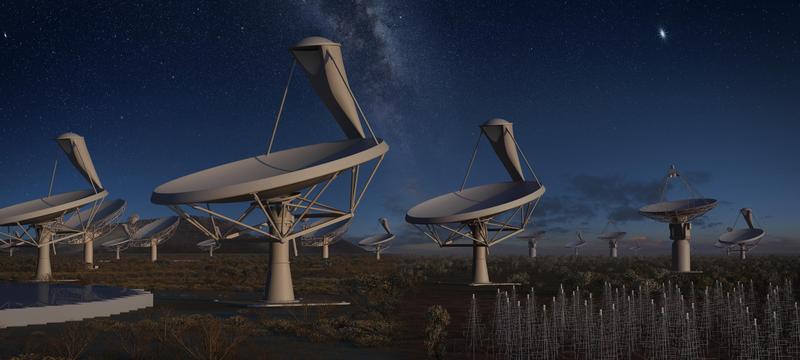 Das Square Kilometre Array (SKA) bei Nacht, künstlerische Darstellung. 