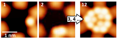 Monitoring of the condensation of xenon: Depicted in scanning tunneling microscopy are three different quantum wells that contain one, two and three xenon atoms. 