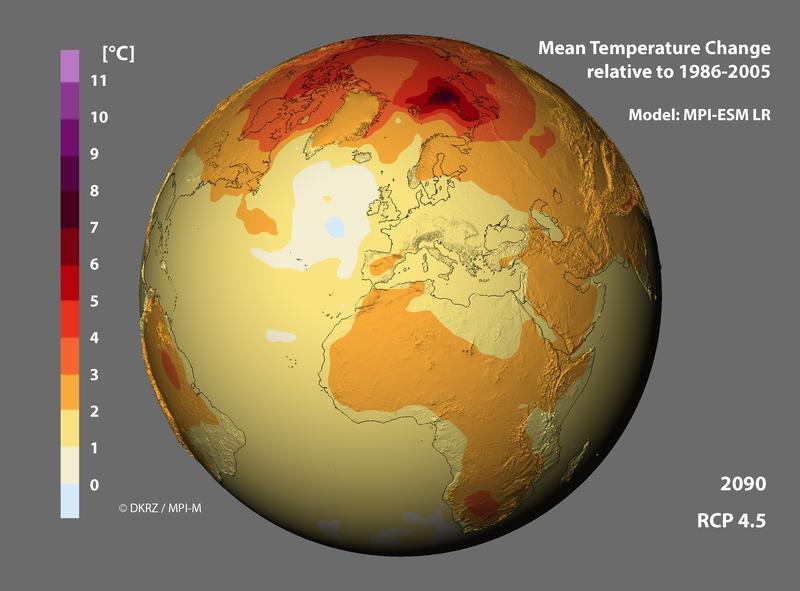 Klimamodelle, wie das Modell MPI-ESM LR des Max-Planck-Instituts für Meteorologie, sagen bis zum Ende dieses Jahrhunderts eine deutliche Erwärmung vor allem an den Polen voraus. 