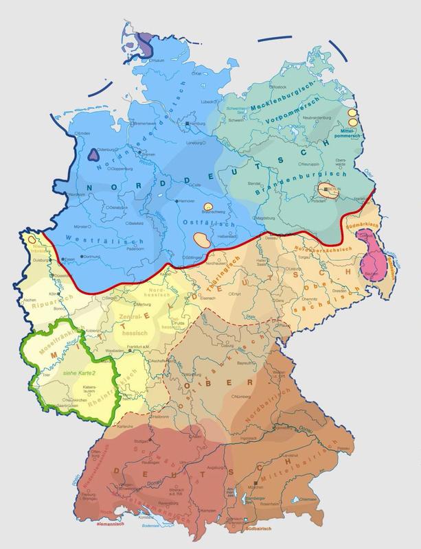Eine Verbreitungskarte deutscher Dialekte zeigt unter anderem, wo Thüringisch und Bayerisch gesprochen wird.