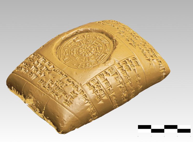 Tontafel mit Keilschrift: 3D-Scan einer Landschenkungsurkunde mit dem Siegel des Königs Muwattalli I. (15. Jahrhundert vor Christus). Das Stück ist etwa zehn Zentimeter lang und stammt aus Anatolien.
