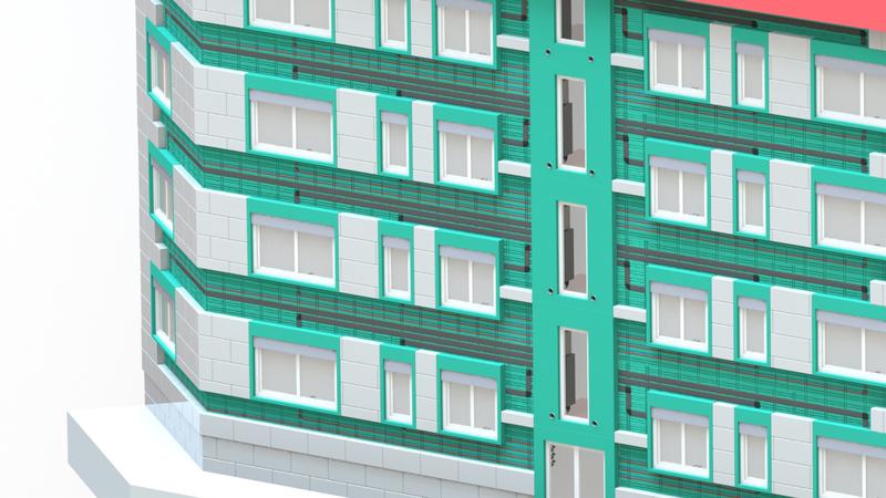Model shows the wiring and pipes integrated in the façade of a demonstration building from the 1950s in Frankfurt, Germany. ©Fraunhofer ISE