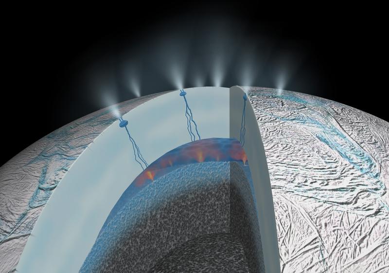 Die künstlerische Darstellung des Inneren des Saturnmondes Enceladus zeigt die Wechselwirkungen zwischen heißem Wasser und Fels am unter der Oberfläche gelegenen Meeresboden. 
